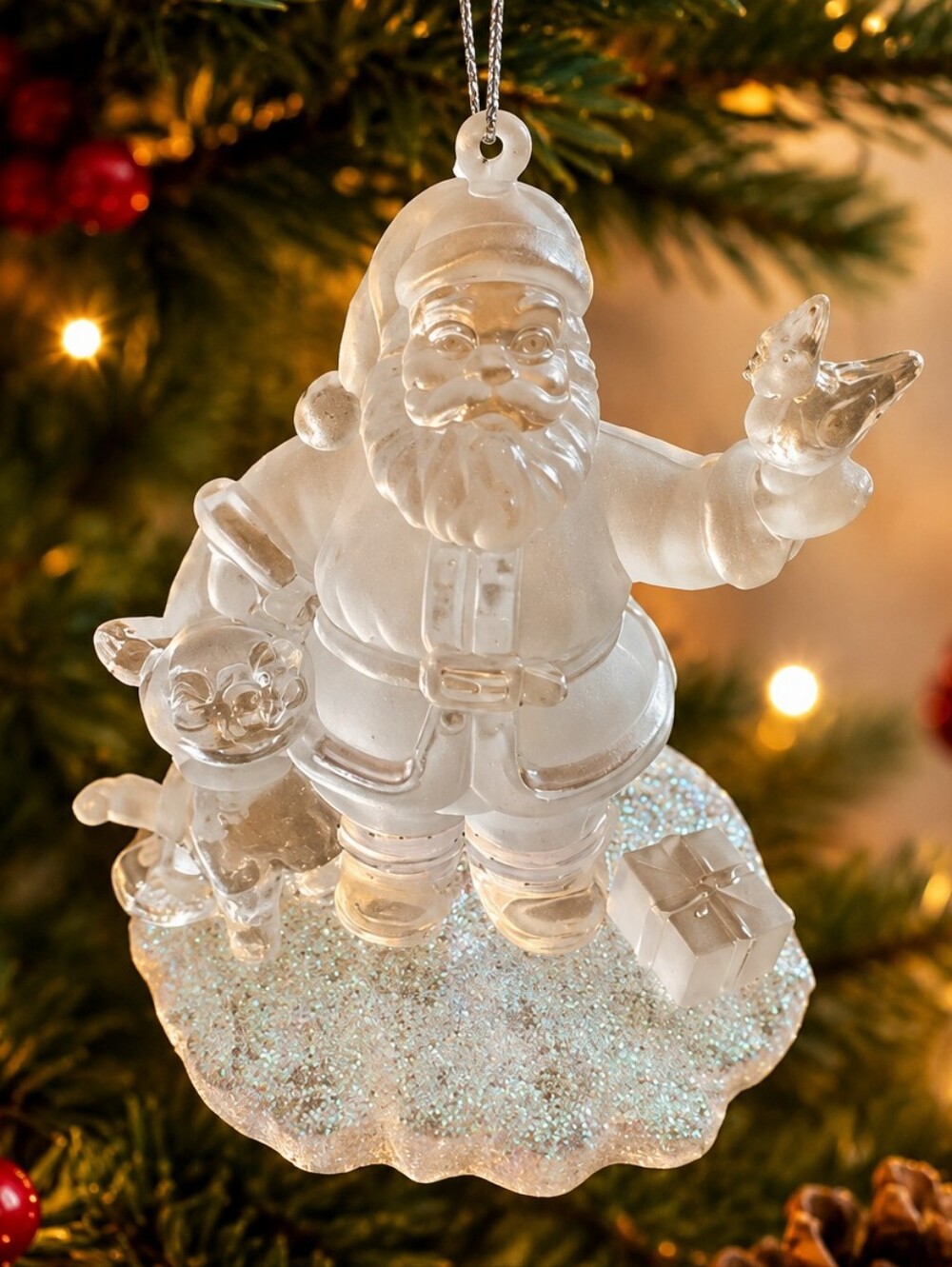 Vintage Frosted Acrylic Santa Ornament w Puppy Bird & Gift Glitter Snow Christma